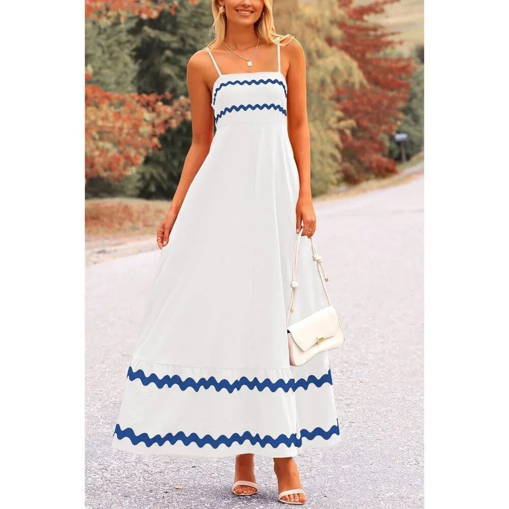 Women's White Blue Casual Sleeveless Spaghetti Strap Ruffle Beach Maxi Dress